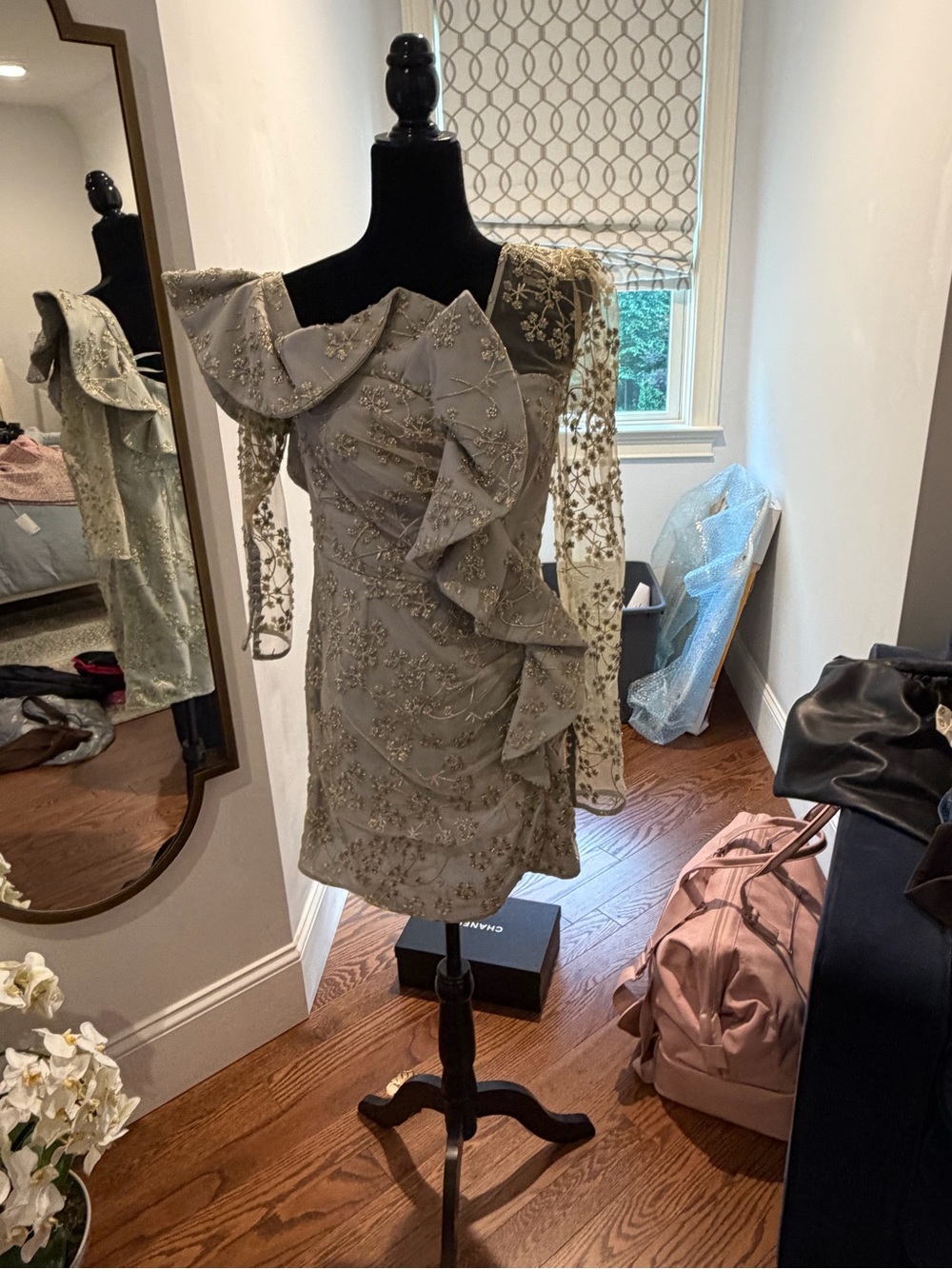 Self-Portrait Silver-Gray One-Shoulder Embellished Mini Dress